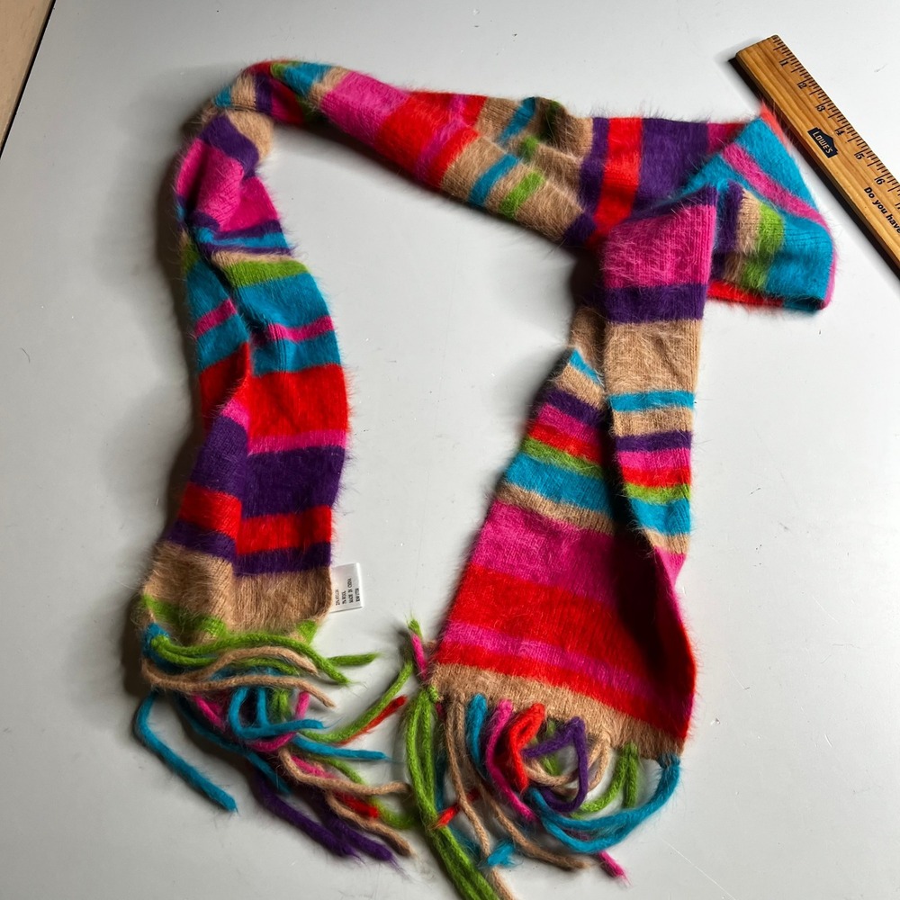 Colorful Striped Rabbit Hair Blend Fuzzy Knit Scarf with Fringe RN 17730